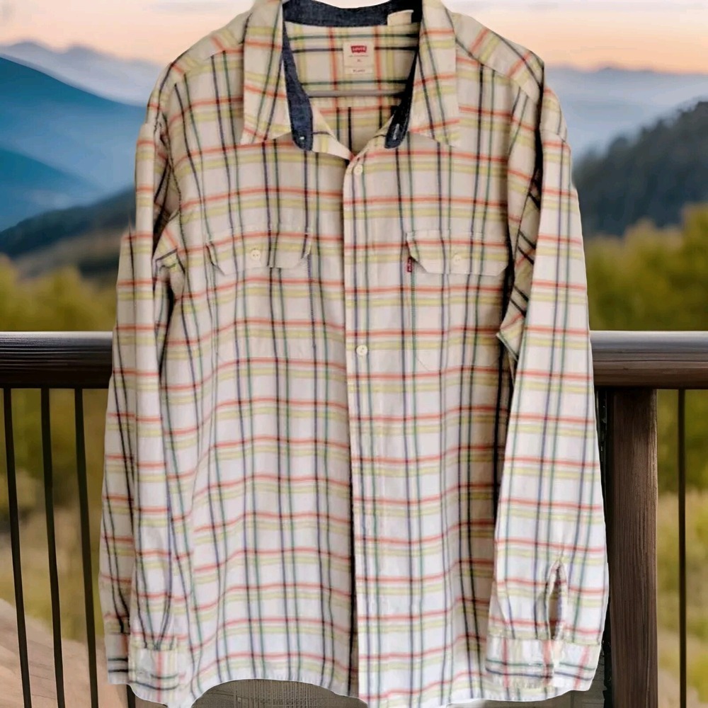 LEVI'S Shirt Men's Long Sleeve XL Plaid/Checked Beige Relaxed Outdoors Outerwear